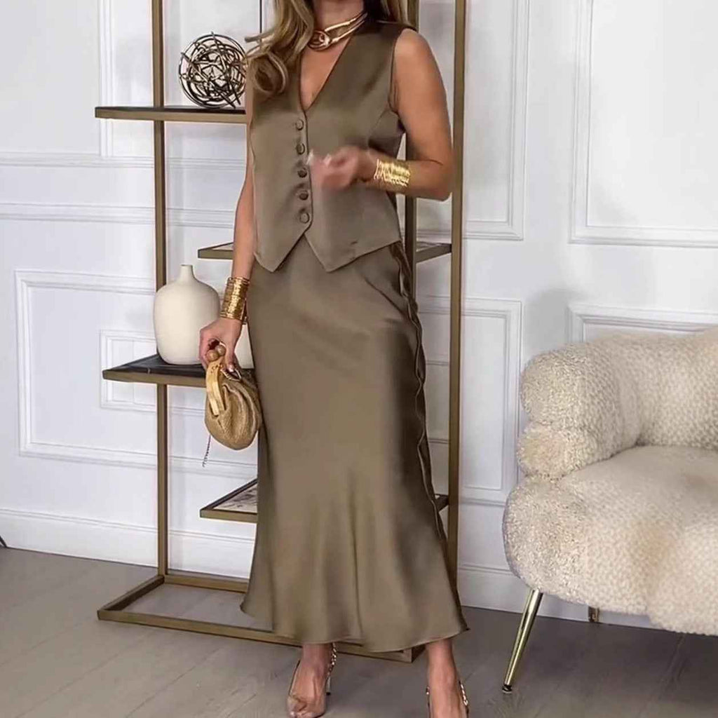 Women's Elegant Satin Look Sleeveless Gilet and Midi Skirt Set - Slim Fit for Festive Occasions