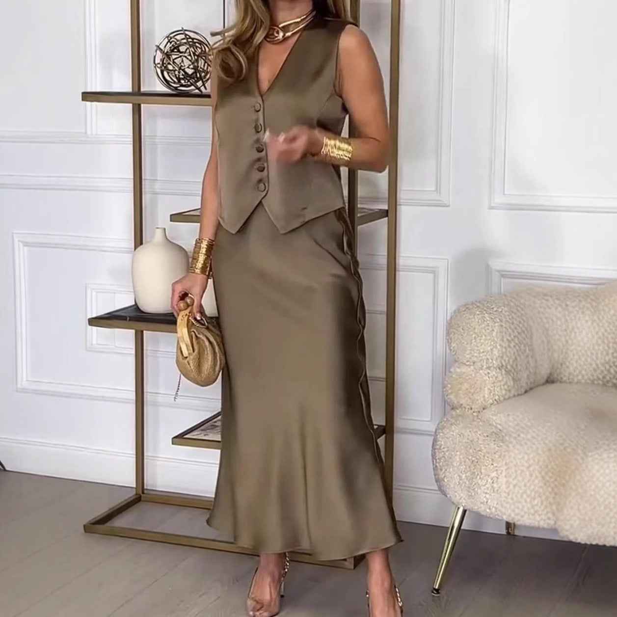 Women's Elegant Satin Look Sleeveless Gilet and Midi Skirt Set - Slim Fit for Festive Occasions
