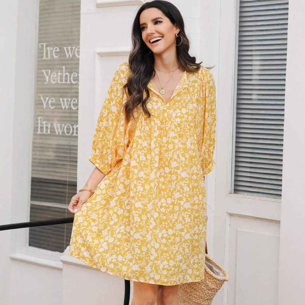 Women's Bohemian Floral Midi Dress – V-neck, Relaxed Fit, Lantern Sleeves Yellow