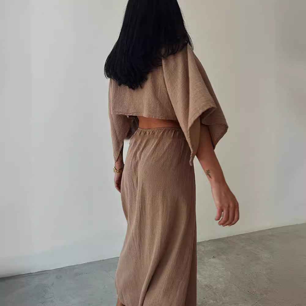 Women's Slim Fit Maxi Dress - Linen Cotton, V-Neck, Cut-Out Waist, High Slit