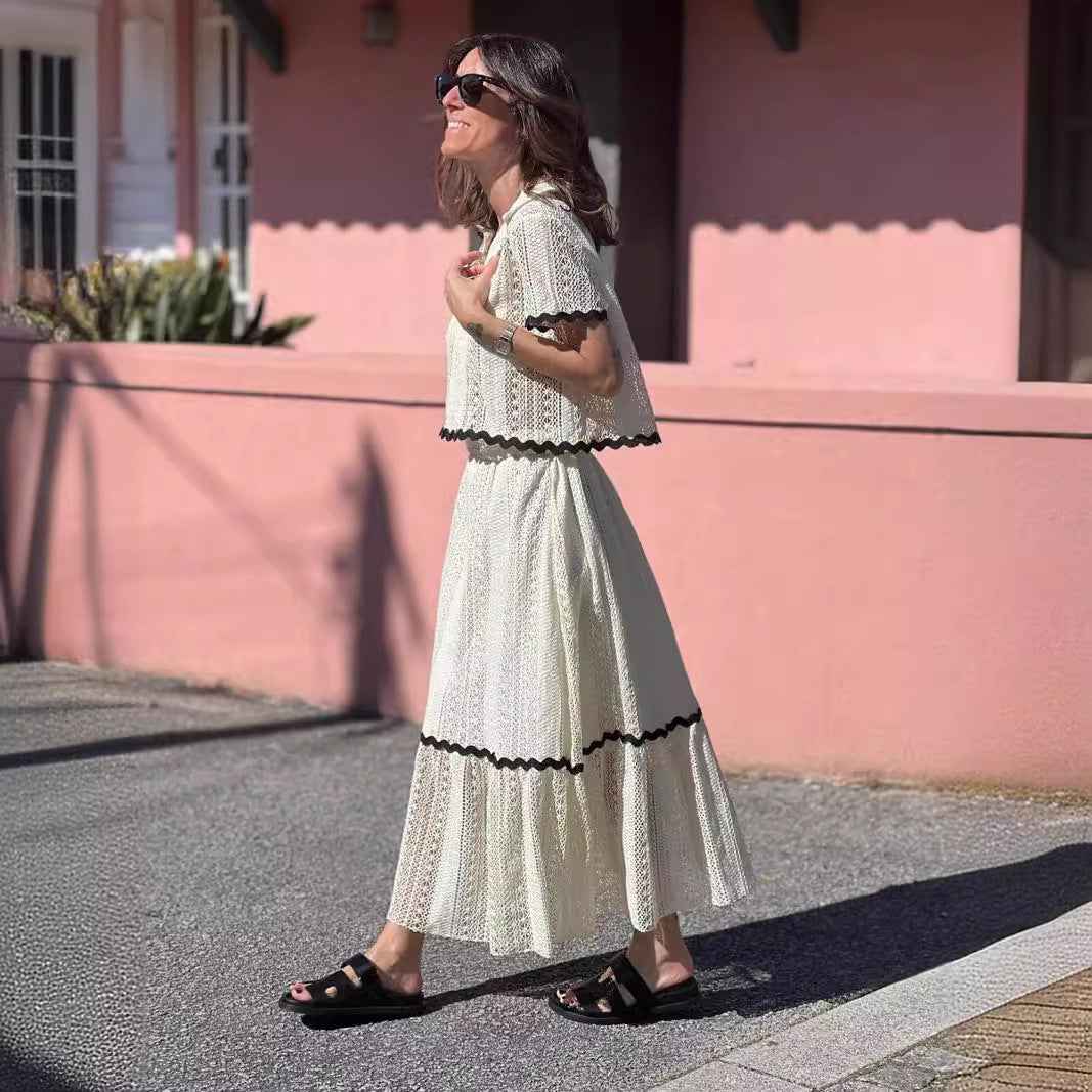 Women's A-Line Midi Skirt Set – Cotton Blend – Short Sleeve with Lace Trim