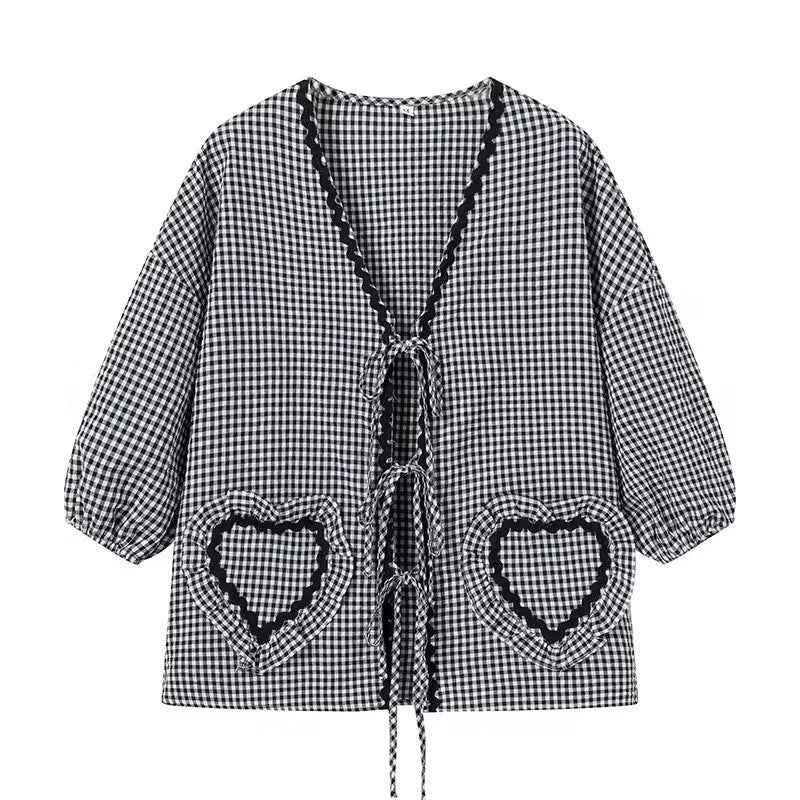 Women's Gingham Check Blouse - Loose Fit with Ruffles and Front Tie Black