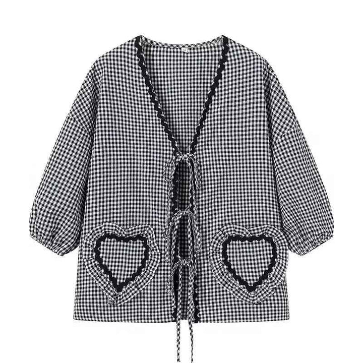 Women's Gingham Check Blouse - Loose Fit with Ruffles and Front Tie Black
