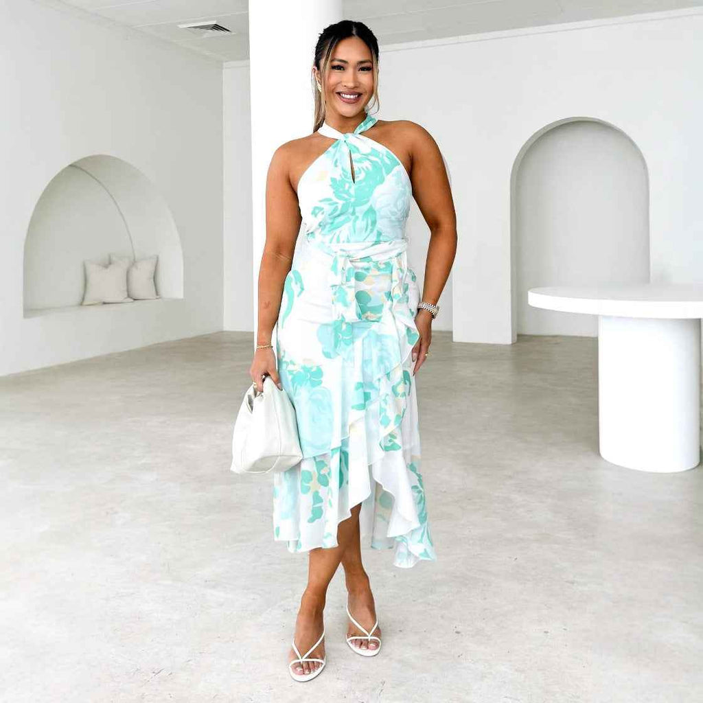 Women's Floral Print Midi Dress – Sleeveless Halterneck with Waist Belt and Side Slit Green