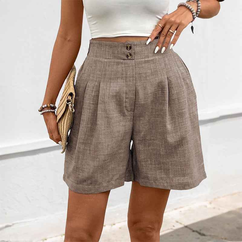 Women's High Waist Wide Leg Shorts - Airy Fabric Relaxed Fit with Pleats Coffee