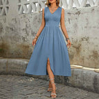 Women's Sleeveless Midi Dress with V-Neck, Button Closure, A-Line Design, and Elastic Waist