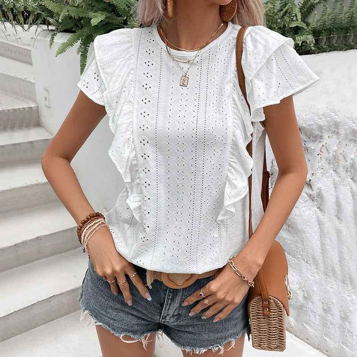 Women's Casual Blouse – Eyelet Lace with Ruffle Sleeves – Breathable Fit