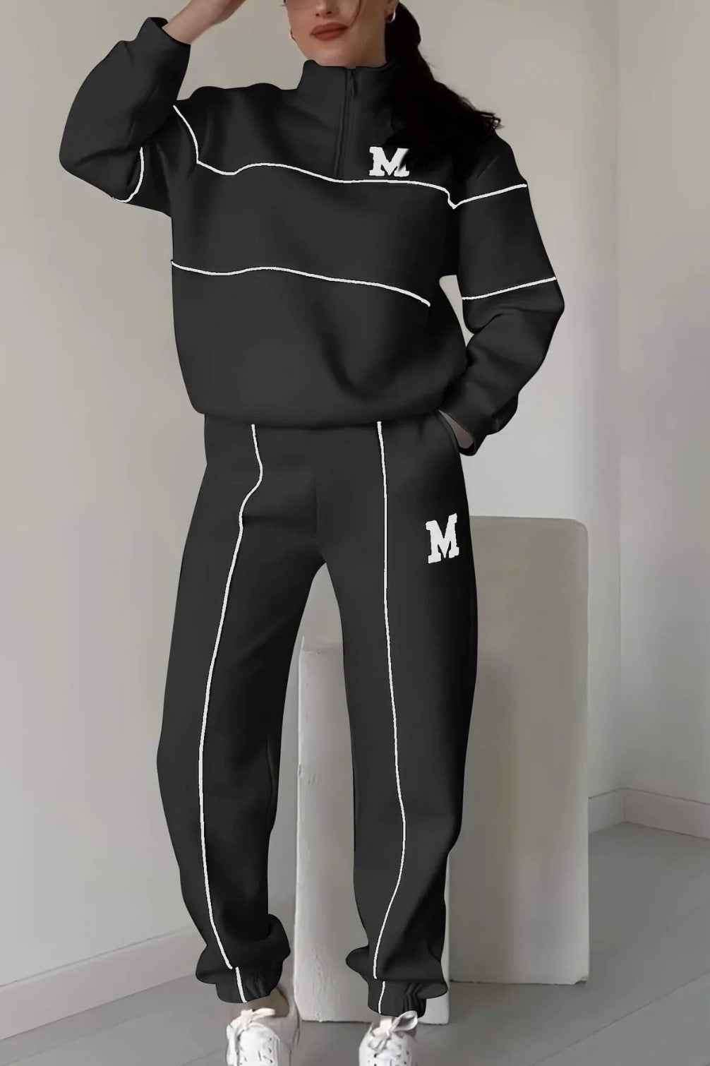 Women's Relaxed Fit Tracksuit – Cotton Blend Half-Zip Top & Elastic Joggers Black