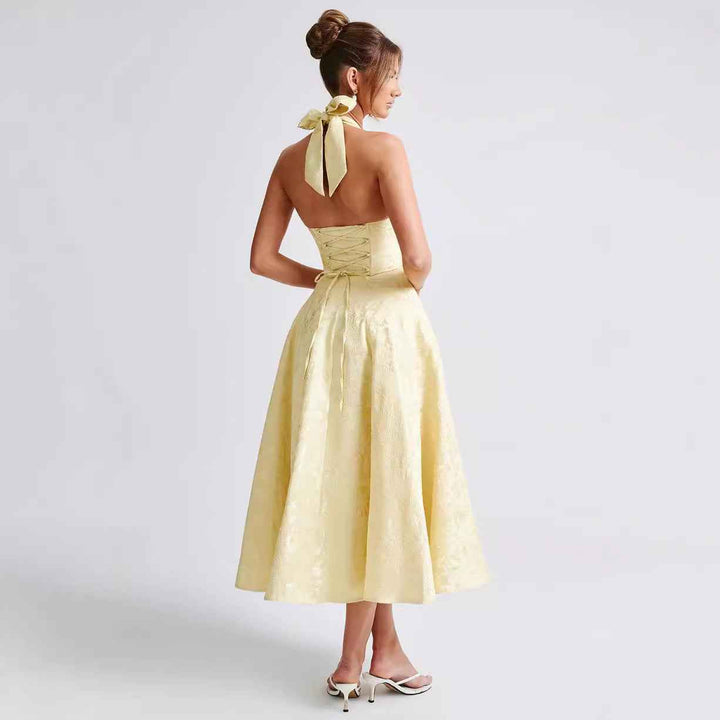 Women's Elegant Halter Neck Maxi Dress – V-Neck with Flared Skirt