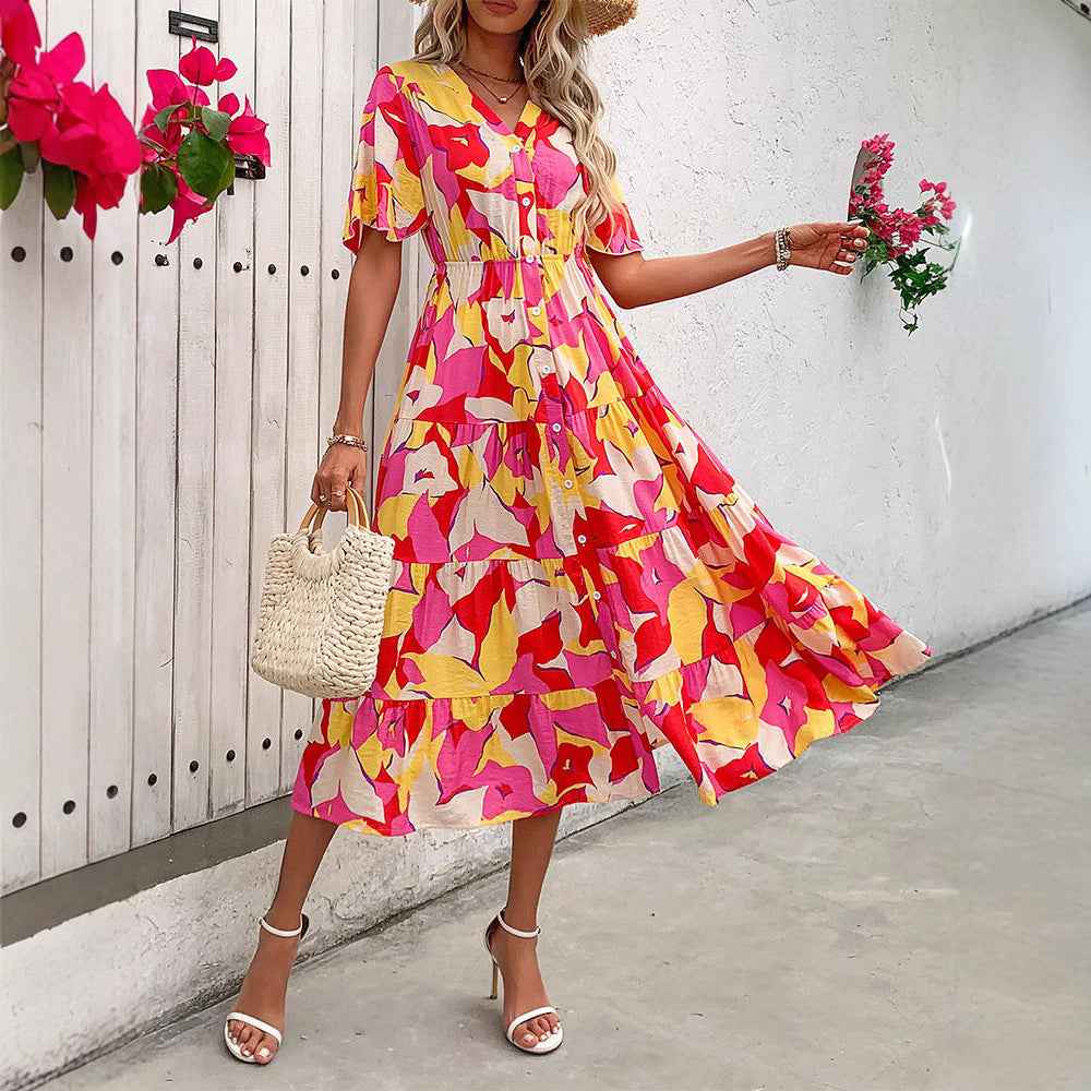 Women's Midi A-Line Dress – Cotton – Ruffle Sleeves – Abstract Print – Button Closure Rose Red