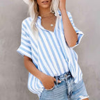 Women's Short Sleeve Striped Cotton Blouse – Relaxed Fit with Button Closure Sky Blue