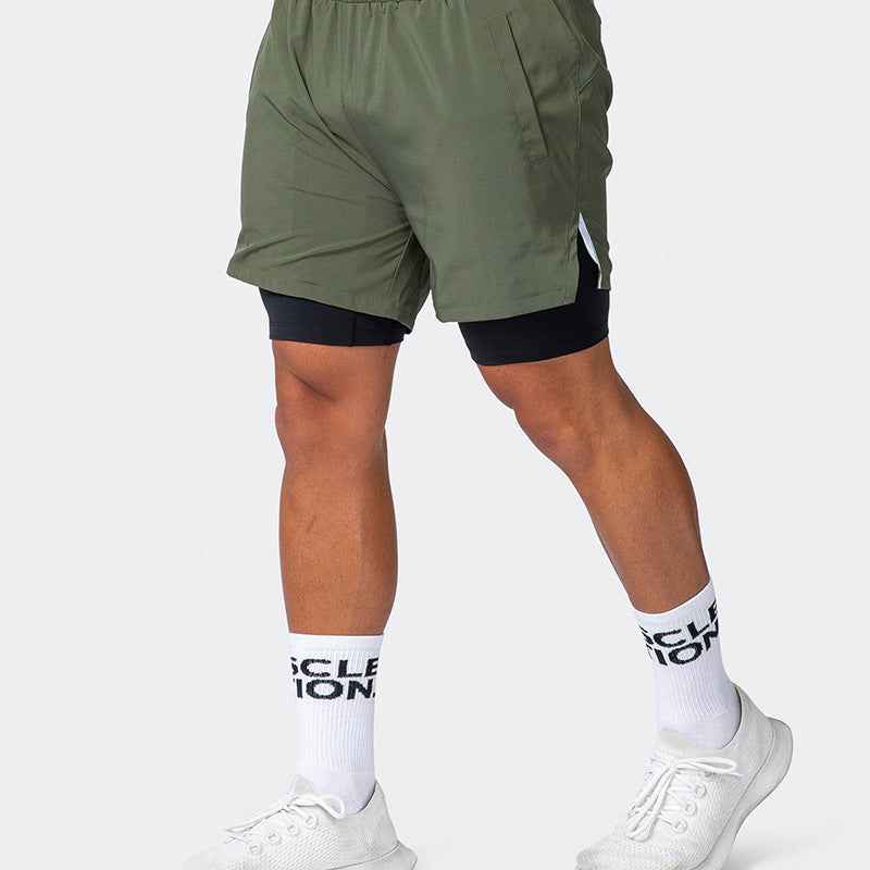 Men's Slim Fit Sports Shorts – Double Layer – Breathable with Stretch Inner Brief Army Green
