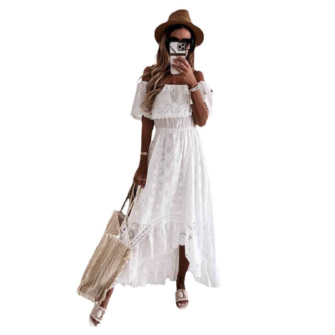 Women's Off-Shoulder Maxi Dress – Cotton Boho Style with Lace Details – Flowy Fit