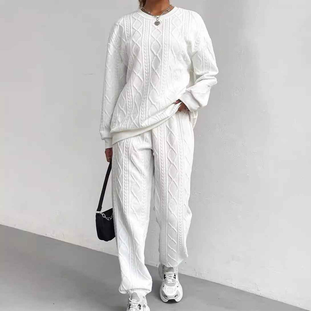 Women's Relaxed Fit Lounge Set – Knitted Cable Design with Long Sleeves & Ribbed Pants White