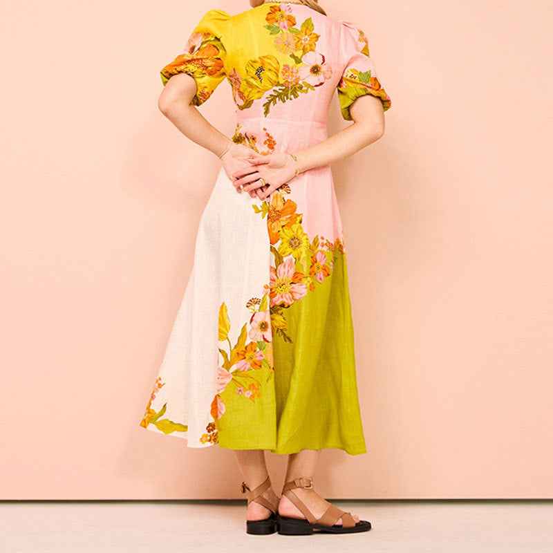 Women's A-Line Midi Dress with Puff Sleeves and Ethnic Floral Print - Lightweight Fabric