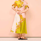 Women's A-Line Midi Dress with Puff Sleeves and Ethnic Floral Print - Lightweight Fabric