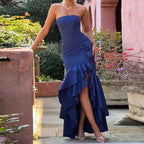 Women's Slim Fit Strapless Dress with Asymmetrical Ruffle Hem – Elegant Eveningwear Blue