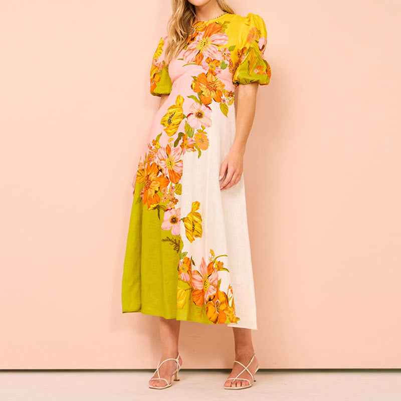 Women's A-Line Midi Dress with Puff Sleeves and Ethnic Floral Print - Lightweight Fabric Yellow