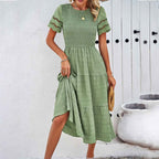 Women's Breathable Midi Dress with Smocked Bodice, Layered Skirt, and Ruffled Sleeves Green