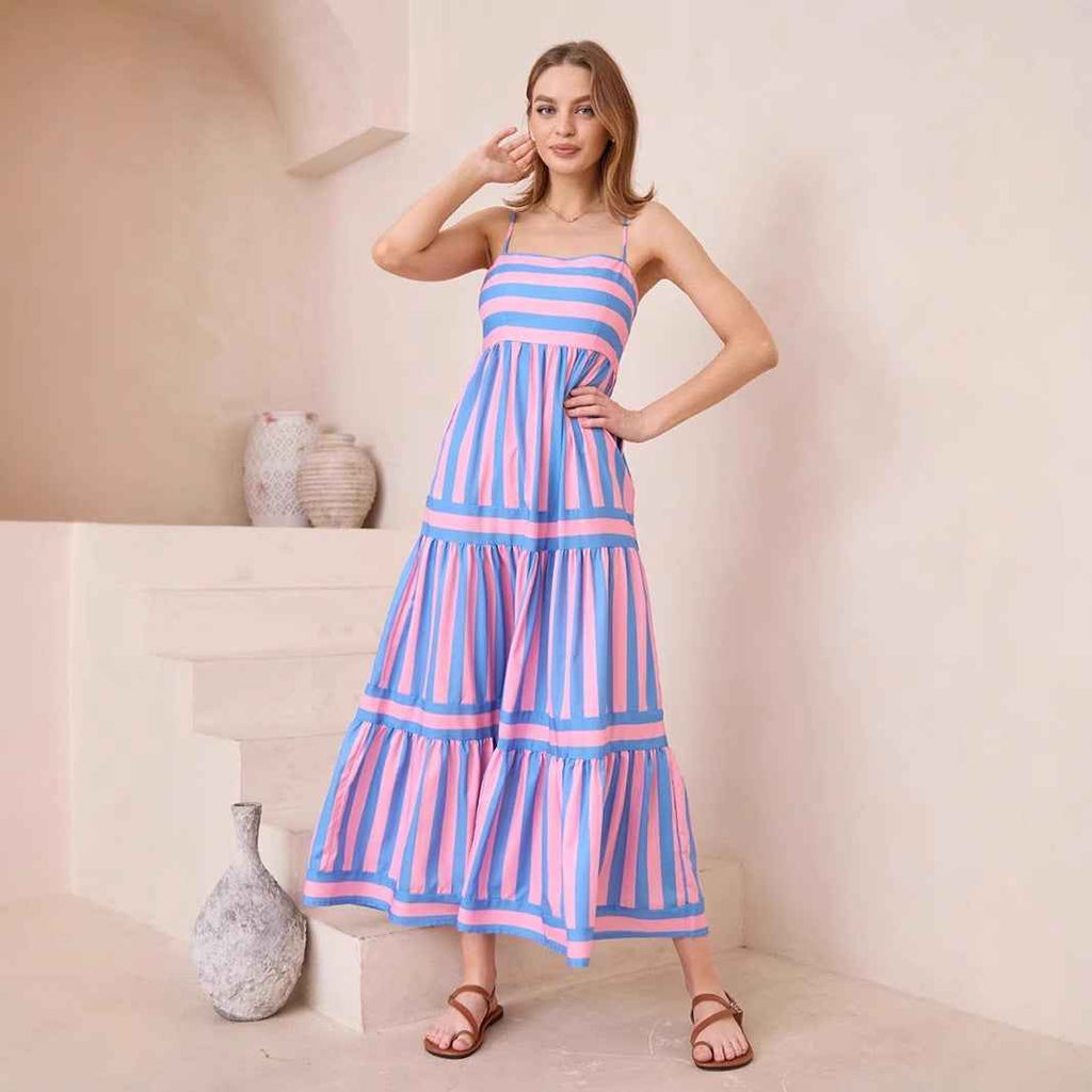 Women's A-Line Striped Cotton Summer Dress with Spaghetti Straps