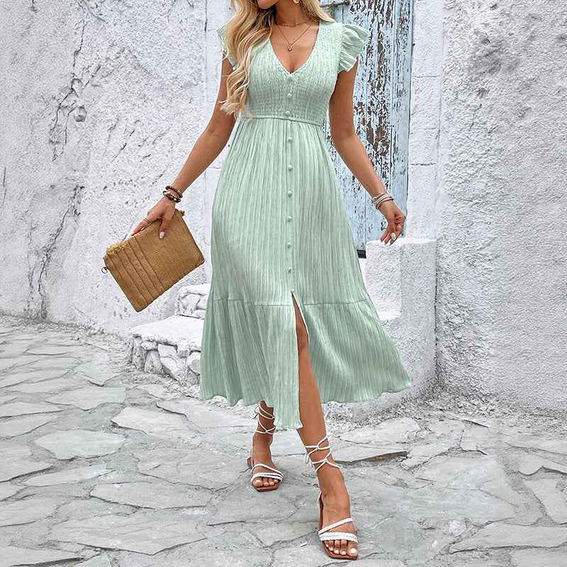 Women's A-Line Midi Dress with V-Neck, Ruffle Sleeves, and Button Details