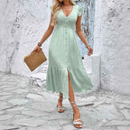 Women's A-Line Midi Dress with V-Neck, Ruffle Sleeves, and Button Details
