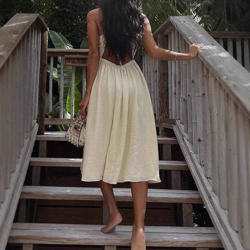 Women's Cut-Out Midi Dress with V-Neck, Spaghetti Straps, and High Slit - Cotton Blend