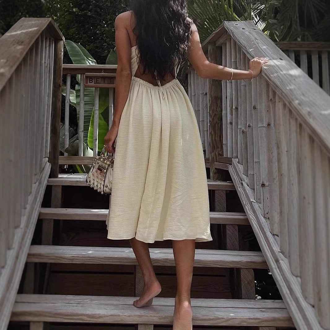 Women's Cut-Out Midi Dress with V-Neck, Spaghetti Straps, and High Slit - Cotton Blend