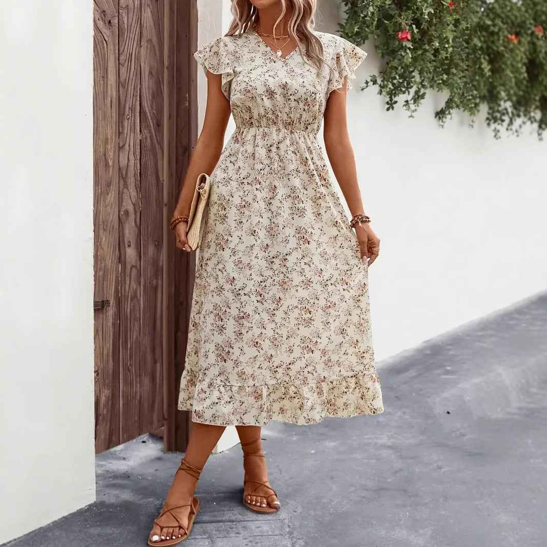 Women's V-Neck Midi Dress with Butterfly Sleeves and Ruffled Hem - Relaxed Fit