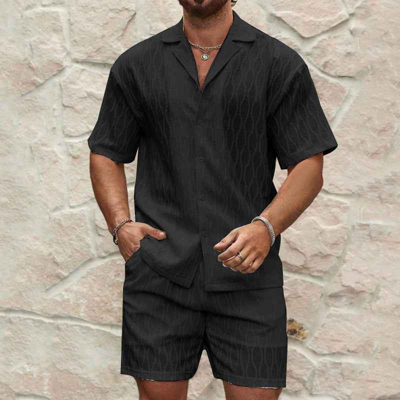 Men's Relaxed Fit Short Sleeve Shirt and Shorts Set – Breathable Fabric Black