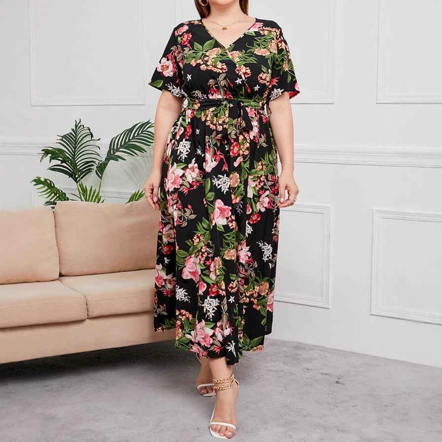Women's A-line Midi Dress - V-neck, Short Sleeve, Floral Print with Belt