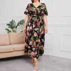 Women's A-line Midi Dress - V-neck, Short Sleeve, Floral Print with Belt