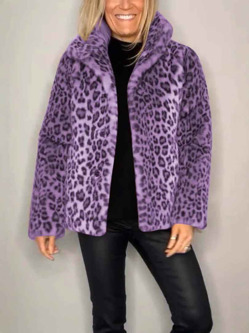 Women's Oversized Leopard Print Faux Fur Coat with Notched Collar Short Purple