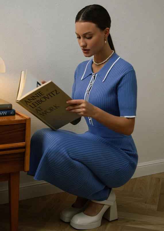 Women's Ribbed Midi Dress with Polo Collar - Elegant Knitted Style