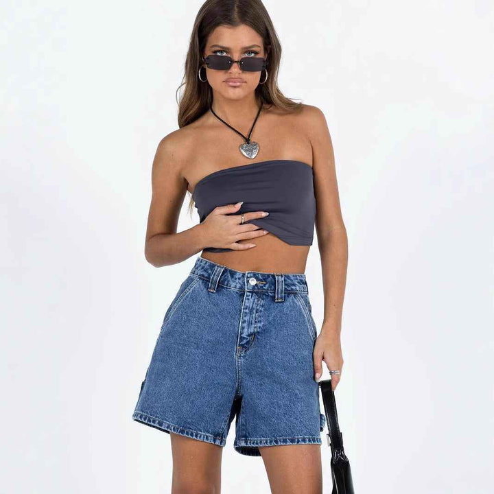 Women's Mid-Rise Relaxed Fit Denim Shorts with Five Pockets – Casual Style