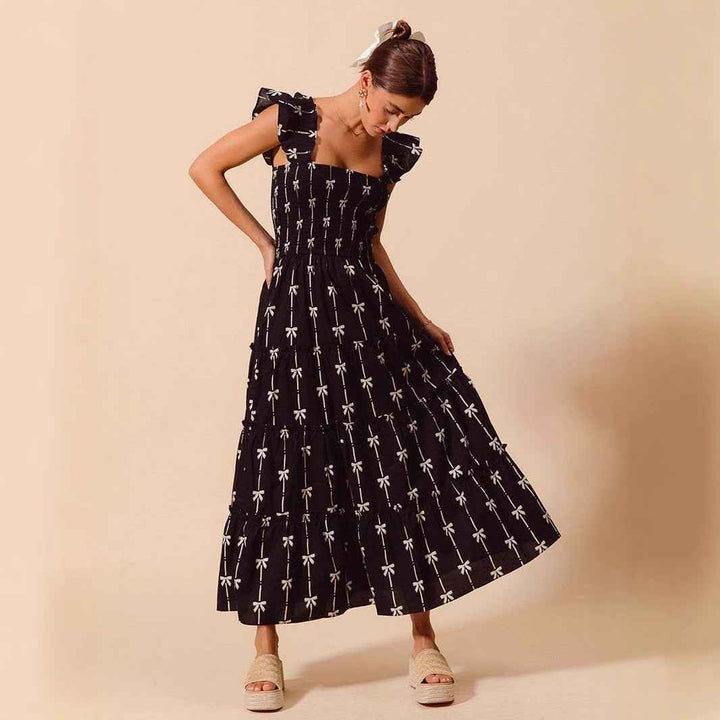 Women's A-Line Maxi Dress - Smocked Bodice, Ruffled Straps, Breathable Cotton Black