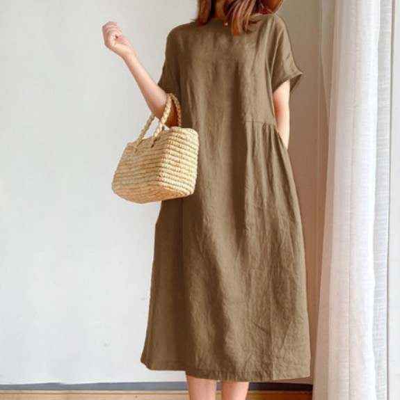 Women's Casual Midi Dress – Loose Fit – Breathable Fabric – Short Sleeve