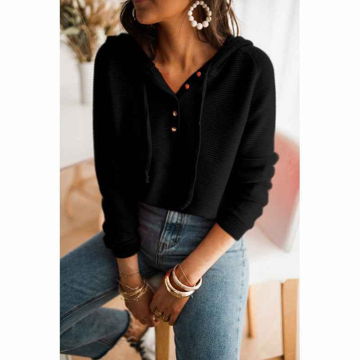 Women's Relaxed Fit Hoodie – Knitted Texture, Raglan Sleeves, Button Detail, Drawstring Hood Black