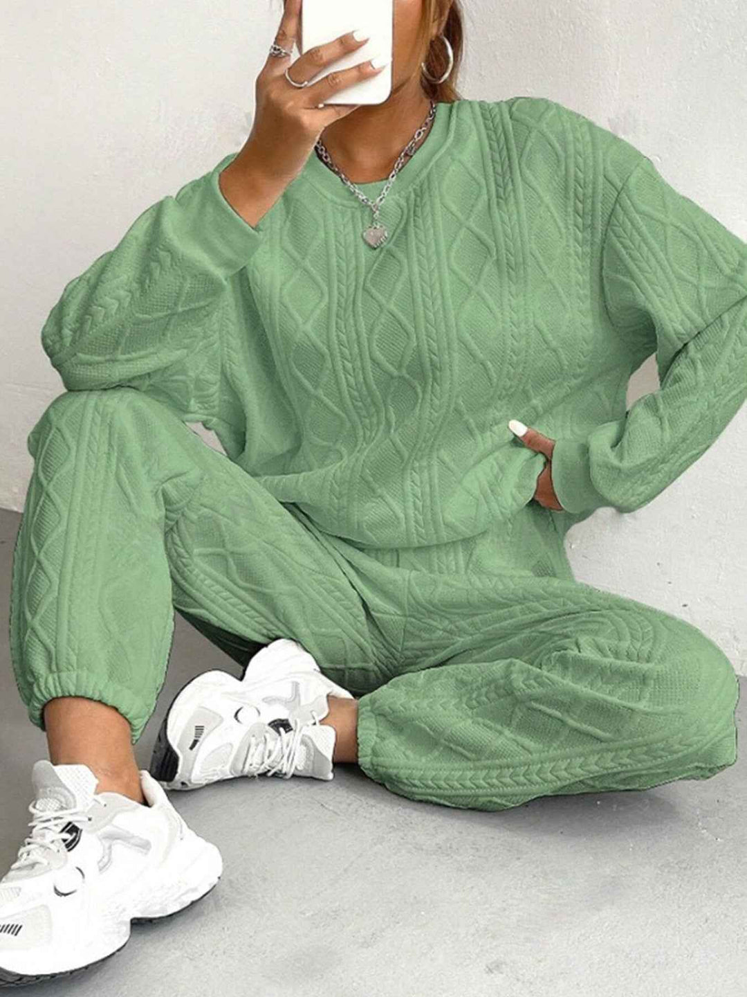 Women's Relaxed Fit Lounge Set – Knitted Cable Design with Long Sleeves & Ribbed Pants Green