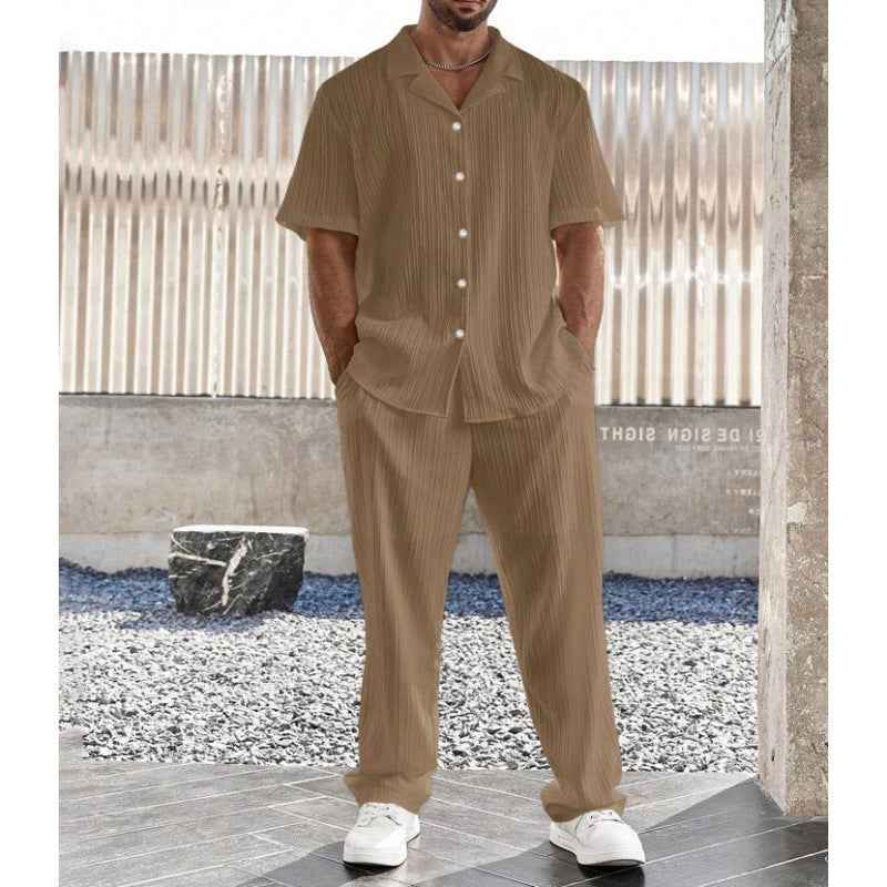 Men's Casual Short Sleeve Shirt & Straight Pants Set – Breathable Comfort Brown