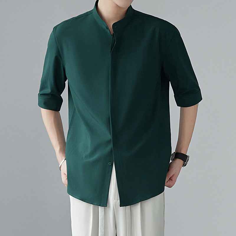 Men's Relaxed Fit Linen Look Shirt with Mao Collar and Concealed Button Closure Dark Green