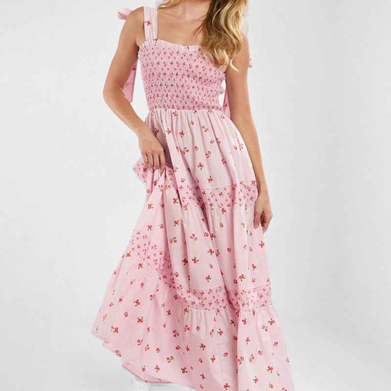 Women's Floral Print Maxi Dress – Smocked Bust & Tiered Layers – Summer Style with Tie Straps Pink