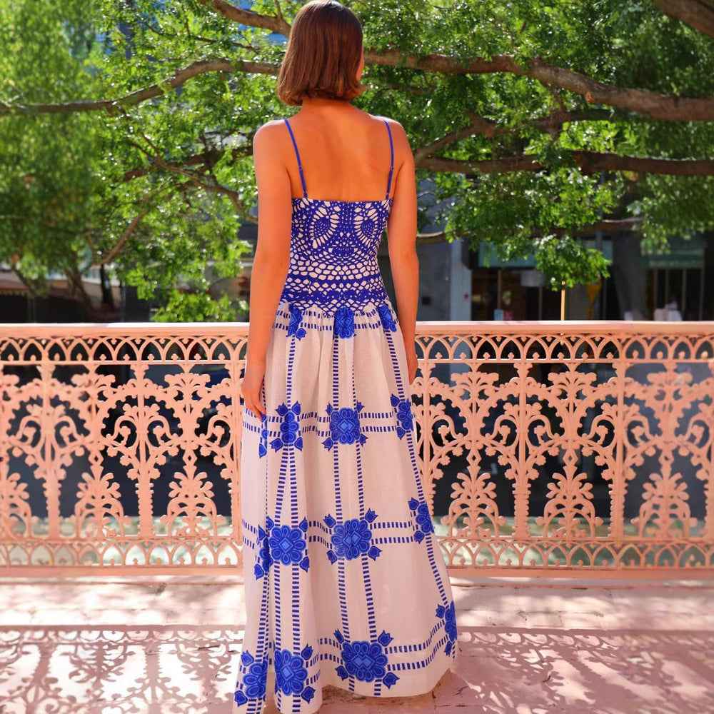 Women's A-Line Long Dress with Crochet Bodice and Spaghetti Straps – Floral Print