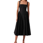 Women's A-Line Midi Dress – Open Back Bow Detail – Square Neck – Lightweight Fabric