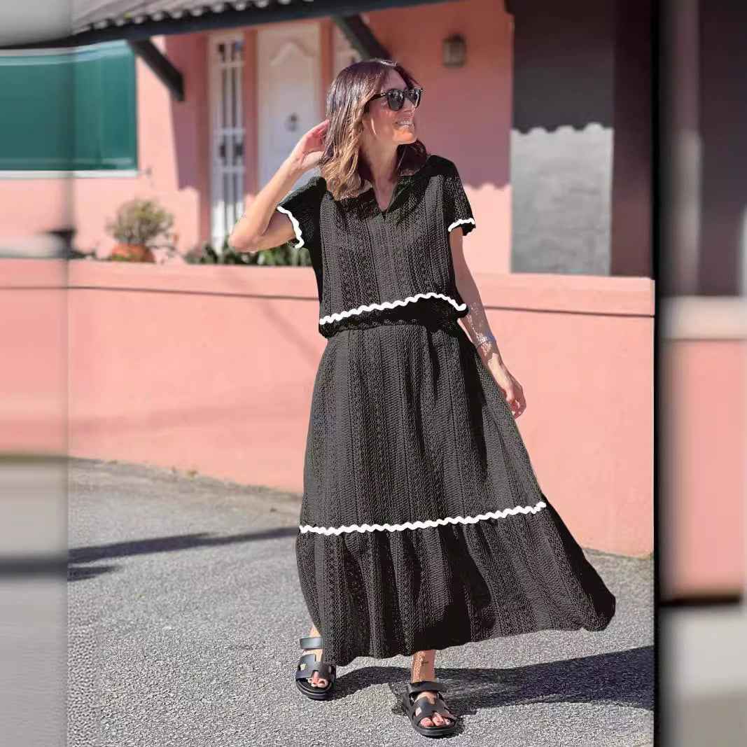 Women's A-Line Midi Skirt Set – Cotton Blend – Short Sleeve with Lace Trim Black