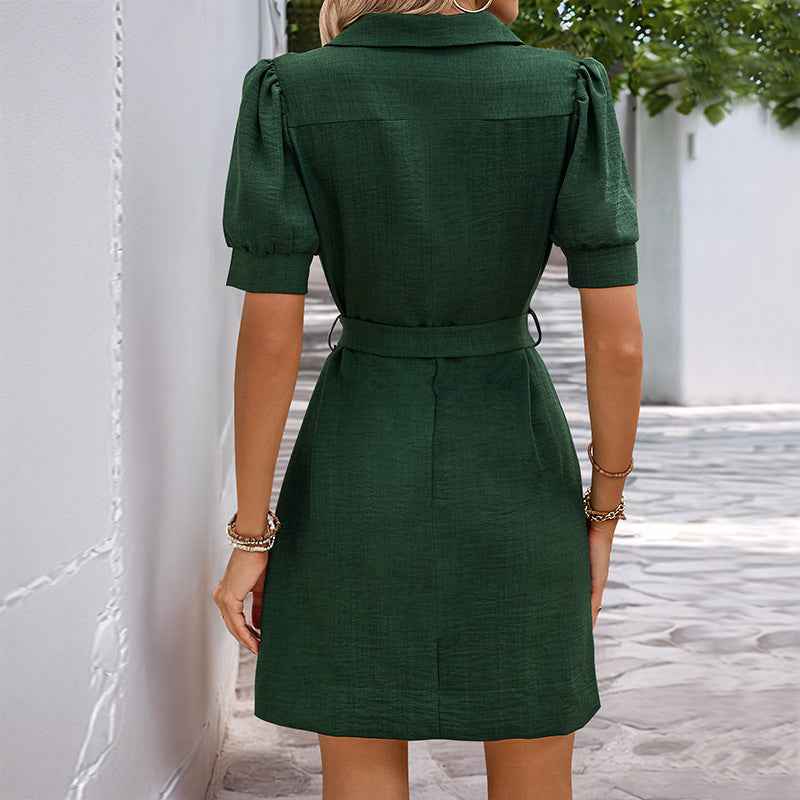Women's Tailored Shirt Dress – Short Sleeve, Belted, Button Closure, with Pockets