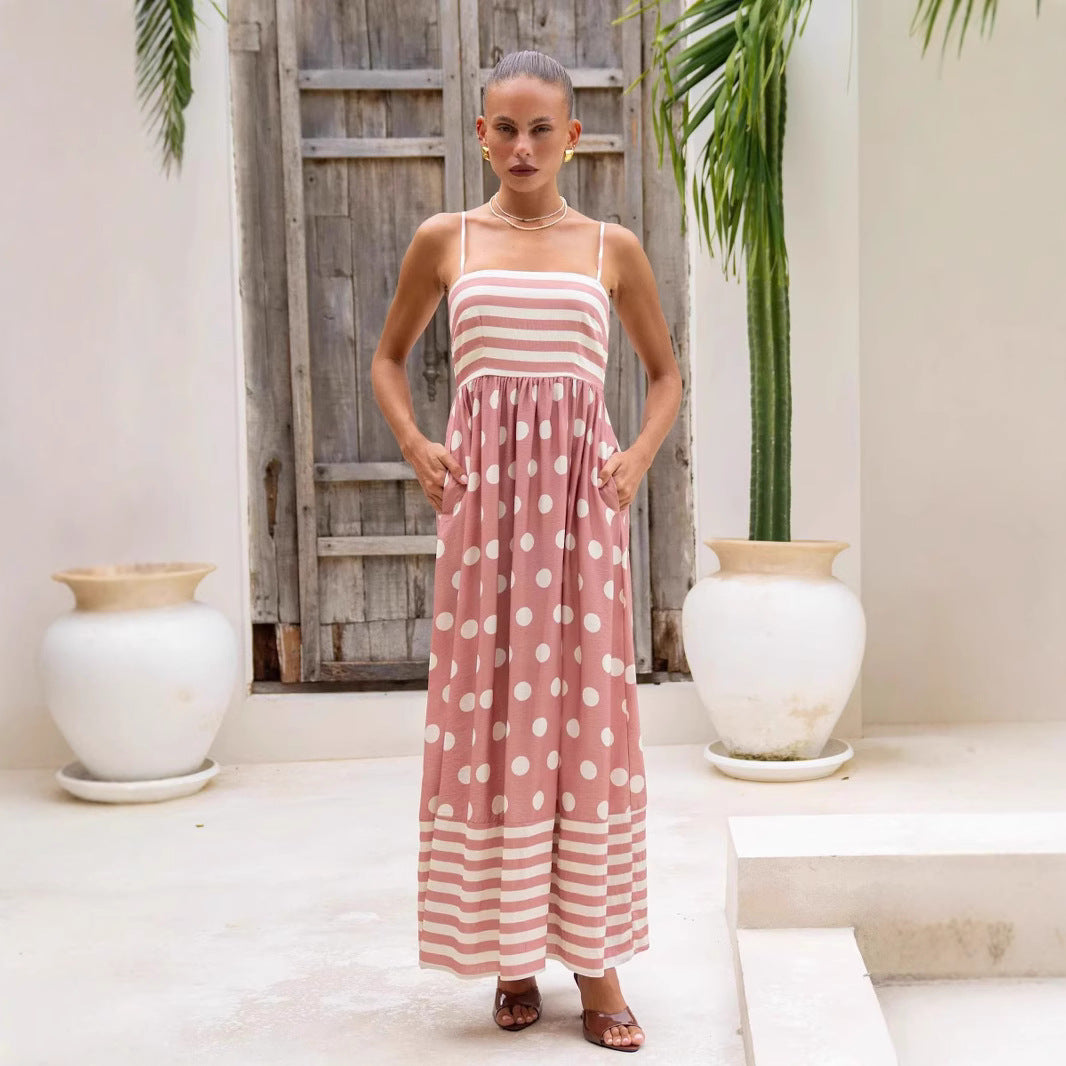 Women's A-Line Maxi Dress - Cotton, Spaghetti Straps, Stripe & Polka Dot Print, Pocketed Peach