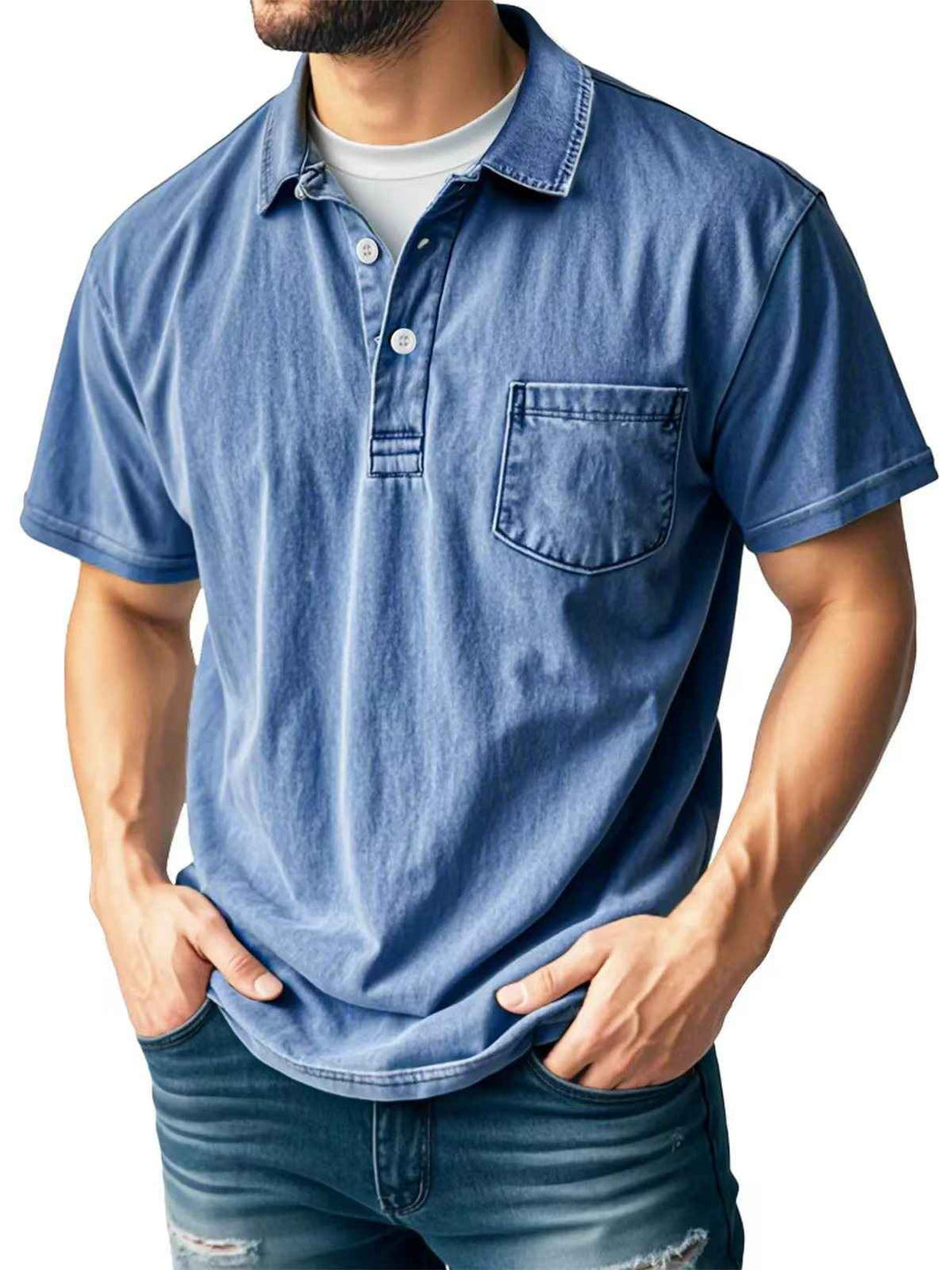 Men's Short Sleeve Polo Shirt – Relaxed Fit – Breathable Fabric – Chest Pocket Blue
