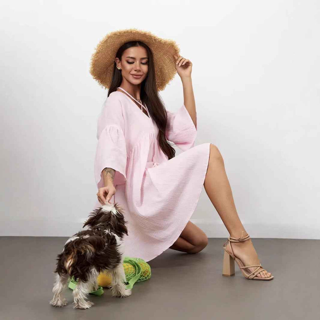 Women's V-Neck Dress with Bow Detail – Loose-Fitting & Breathable Fabric