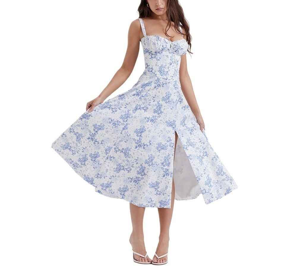 Women's A-Line Midi Dress – Sleeveless Floral Print with Bow Detail Blue Flowers